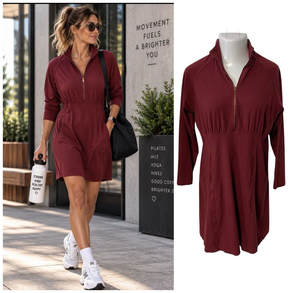 Sahalie Womens L Stretch Dress Burgundy Quarter Zip Pockets Cotton Athleisure